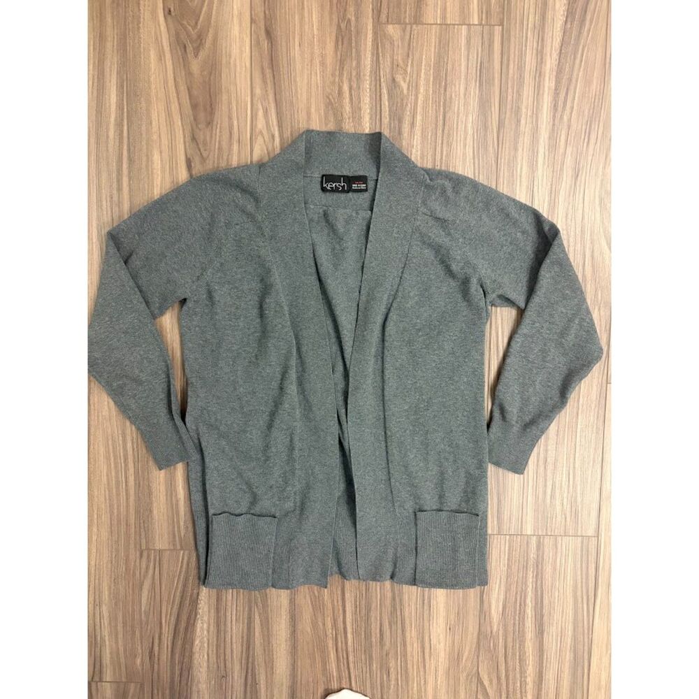 Kersh Women’s M Charcoal Gray Open Front Cotton Blend Cardigan Sweater Pockets